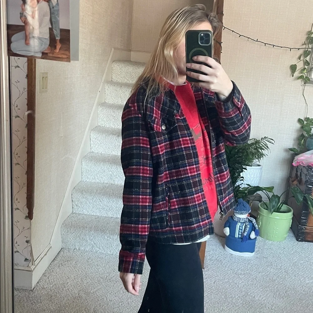 Christopher & Banks Wool Blend Petite Red and Black Plaid Holiday Jacket